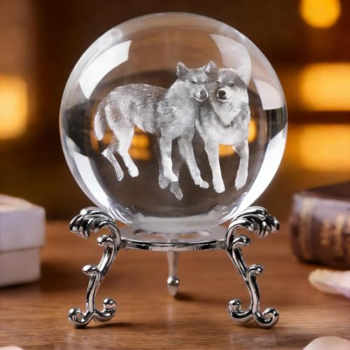 vskikris Wolfskugel mit Ständer, 60 mm, 3D-Lasergravur, Wolf-Figur, dekorative Glaskugel und Briefbeschwerer für Zuhause und Büro, ideales Geschenk für Wolfsliebhaber