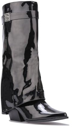La Modeuse - Stivali in Simili Verni con Revers, Nero , 39 EU