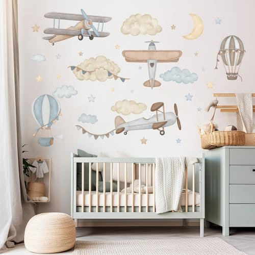 Wally Fox - Wandtattoo Kinderzimmer - Kinderzimmer Deko - Wandtattoo Kinderzimmer Jungen, Mädchen - Flugzeuge, Luftballons, Sterne, Wolken, Blau - L - 34stk