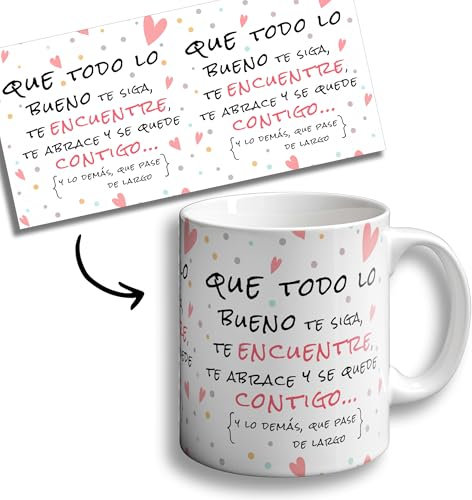 OOPS Taza Que Todo lo Bueno te siga te encuentre y te abrace - Tazas originales - 350 ml - Tazas con Frases motivacionales (TAZA)