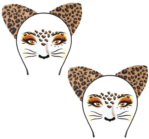 UILYNIU Leoparden Kostüm Set, Leoparden Ohren Stirnband mit Temporäre Gesichtstattoo, Tierstirnband für Erwachsener Kinder, Leoparden Ohren Haarreif für Halloween Kostüm Fasching Karneval Party