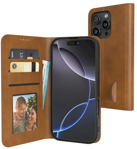 EAZY CASE - Klapphülle für iPhone 16 Pro Hülle klappbar mit Kameraschutz Schutzhülle mit Magnet Flip Case Ständer Kunstleder Klapptasche mit Kartenfach Sichtfenster Foto Premium Handyhülle Hell Braun