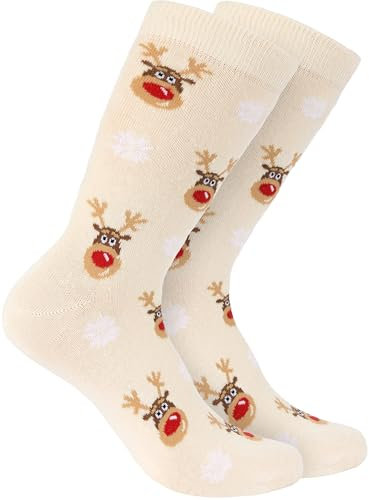 BRUBAKER 6 Paar Weihnachtssocken für Damen und Herren - Rentiere Beige - Baumwolle Socken Weihnachten - Größe 35-40