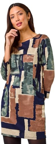 Roman Originals Women Shift Dress with Pockets - Ladies Autumn Winter Tunic 3/4 Length Sleeve Knee Length Smart Casual Office Work Cocktail Party Round Neckline Comfy Soft - Mocha - Size 20
