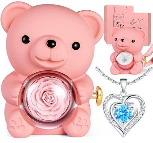 Orsetto di Rosa Eterna con Collana Personalizzata, Orso Rosa Eterna Stabilizzata, Regalo San Valentino per lei, Idee Regalo Donna Compleanno, Regalo Natale per Moglie Mamma Fidanzata, Anniversario