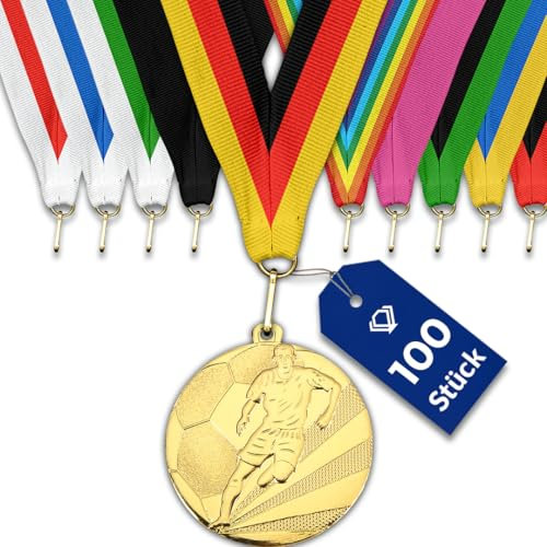 pokal-fabrik.de - Fussball-Medaillen 100 Stück Set Metall mit Wunschtext - Fussballmedaille golden zum Umhängen für Siegerehrungen - Medaillen Kinder mit Band nach Wahl für Vereine & Turniere