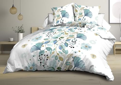 Le Linge de Jules Parure Drap Plat + Drap-Housse 140x190 + 2 Taies - Microfibre - Bloom, Bleu
