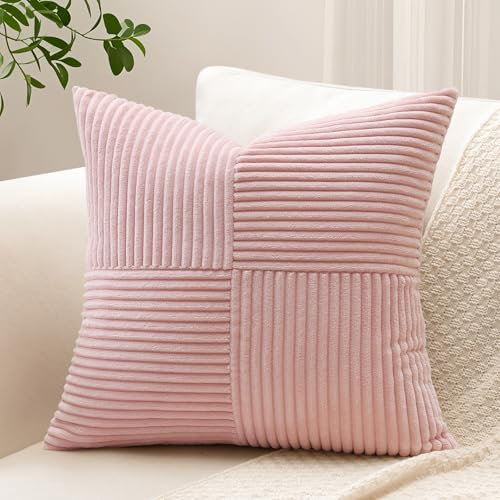 Sungeek Set di 1 federa decorativa per cuscino, 50 x 50 cm, in morbido velluto a coste, a righe, con motivo patchwork a croce, tinta unita, per divano, letto, patio, 50 x 50 cm, rosa