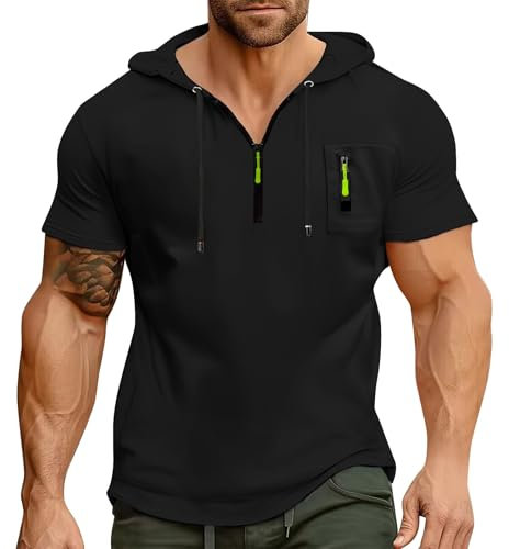 T Shirt Herren mit Kapuze Kurzarm Kapuzenpullover mits Taschen Kordelzug Sommer Kurz Hoodie Sport Tshirt Personalisierte Kapuzenshirt Freizeit Sweatshirt Atmungsaktives Sportshirt(Black,XXL)