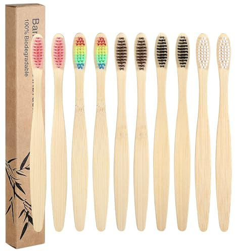 10 Stück Zahnbürste Bambus, Holzzahnbürste Weich mit Weichen Borsten, Umweltfreundlich & Biologisch Abbaubar, BPA Frei & Recycelbar für Erwachsene und Kinder