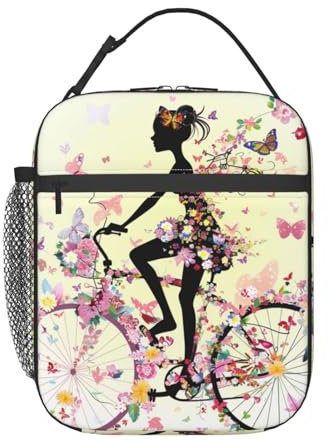 NUYFVG Bolsas de almuerzo para hombres, mujeres, niños y niñas, silueta de bicicleta con flores coloridas y mariposas, lonchera reutilizable para escuela, oficina, picnic, camping, aislamiento térmico