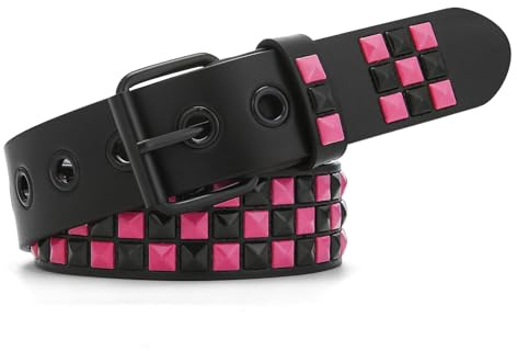 SNCEAW Studded Belt, Metal Punk Rock Rivet belt with Bright Pyramid Studded for Women Men (Fuchsia, Fit Pant 31-36 inch)