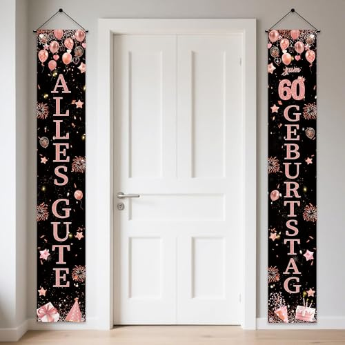 60 Geburtstag Deko Frau Rosegold Banner - 2 Stück 60. Geburtstagsdeko Happy Birthday Türbanner 180 x 30 cm, Stoff Tür Dekoration Geburtstagsbanner für 60. Geburtstagsparty
