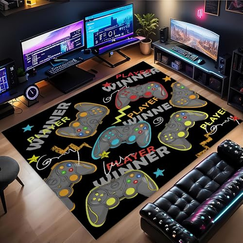 SGZIOO Gaming Rug for Boys Bedroom, 120 x 160 cm Gamer Rug, Boys Bedroom rug, Colorful Graffiti Letter, Game Controller rugs for Game Room Living Room Decor, Non-Slip Carpet Decorative Floor Mat