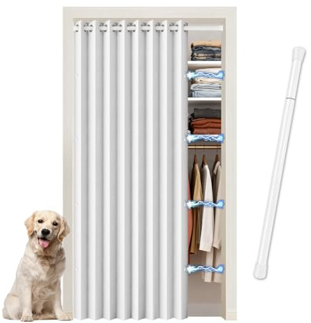 JCyh Cortina de Puerta Interior y Exterior Opaca Térmica - Cortina Opaca para Cocina, Dormitorio - Incluye Barra Telescópica y Cierre Magnético - Cortina Separador de Ambientes para Armario, Blanco