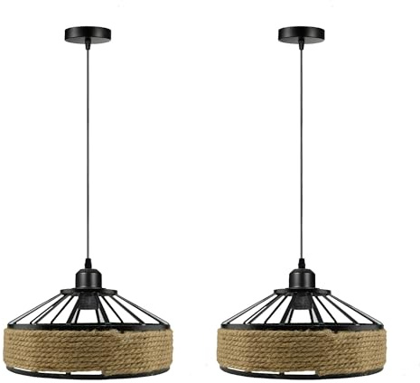 DC VOLTAGE 2 Pack Hemp Rope Pendant Lights 30cm Retro Black Ceiling Lampshade with 1m Adjustable Cable Pendant E27 Lamp Holder Plug in Fixture DIY Hanging Light