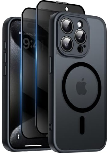 Qasyfanc für iPhone 15 Pro Hülle Sichtschutz Schutzfolie, Schwarz | Magnetisch Handyhülle Matt Hard PC Kratzfest Stoßfest Transluzente Schutzhülle