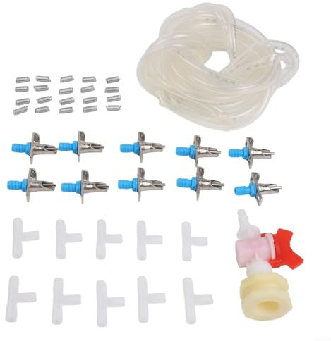 Pumixiy Automatisches Kaninchen-Bewässerungsset mit 10 Nippeltrinkern und 5 m Schlauch für Kleintiere, Kunststoff + Metall, Bewässerungssystem mit Eimeranschluss