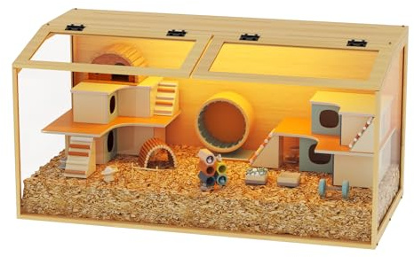 BingoPaw Cage Hamster en Bois, Habitats pour Rongeur Souris avec Fenêtre en Verre Trempé et Trous de Ventilation pour Gerbilles et Cochon d'Inde (100x50x50cm)