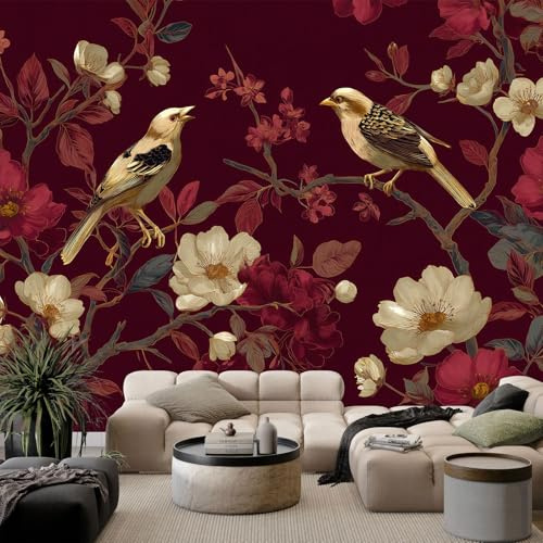 WHUOEUCO Papier Peint Panoramique Oiseau À Fleurs Rouges 400x280 cm Papier Peint Photo 3D Intissé, Poster Geant Mural Salon Chambre Enfant Chambre Décoration Murale