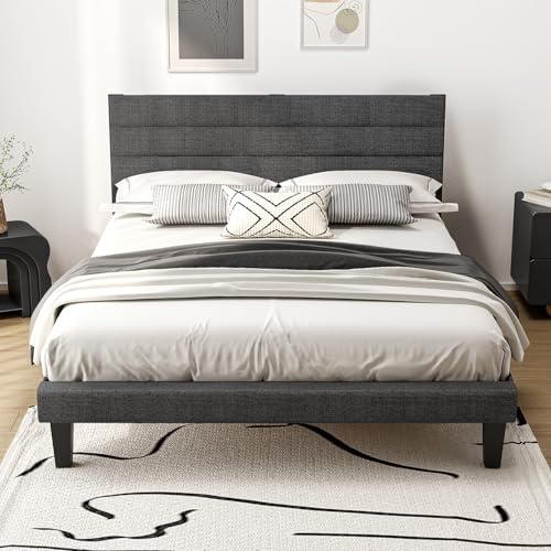 VINGLI Cadre de Lit 140 x 200 avec Sommier Bois, Lit Rembourré 2 Personnes, Tête de Lit Réglable, Espace de Rangement en Dessous, Style Moderne, Montage Facile, Tissu Effet Lin, Gris Foncé