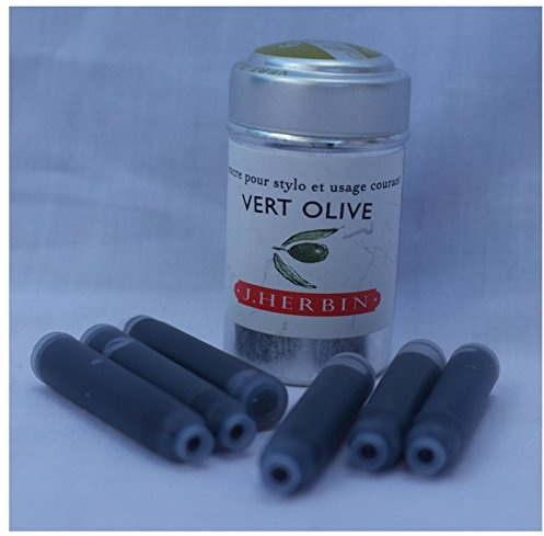 Six J Herbin Writing Ink Cartridges - Green, Vert Olive (24328)