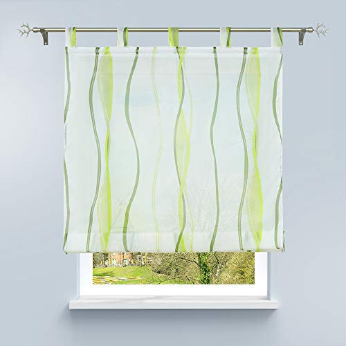 HongYa Raffrollo mit Wellen Druck Transparenter Voile Raffgardine Vorhang mit Schlaufen H/B 140/140 cm Creme Grün