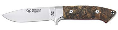 Cudeman Cuchillo 254-G AKELEY hoja de acero Bóhler N-690Co de 10 cm y empuñadura de nogal pulido de 11,5 cm para caza, pesca, supervivencia y bushcraft + Portabotellas regalo