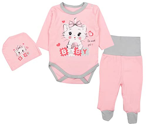 TupTam Baby Mädchen Jungen Bekleidungsset Langarmbody Hose Mütze mit Aufdruck Spruch 3 teilig, Farbe: Katze Aprikose/Grau, Größe: 62