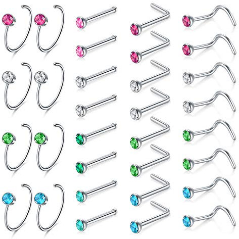 Mayhoop 32Stk Nasenstecker Chirurgenstahl Nasenpiercing Set 20 Gauge L Förmig Nasenstecker Nase Spirale Stecker Piercing Schmuck mit Strass