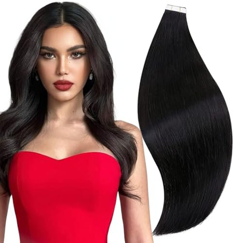 RUNATURE Extensions Echthaar Tape Schwarz 25cm Tape in Extensions Echthaar Schwarz Tape Extensions Remy Echthaar Tape in Extensions Schwarz #1B 30g 20 Stück
