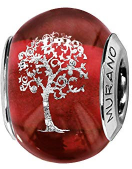 Thabora charms coulissant argent rhodié (Argent 925‰ + protection Rhodium) Murano rouge symbole Arbre de Vie + suédine (offerte) + Certificat d'Authenticité Argent 925‰