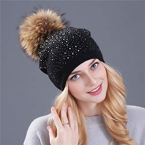 HAIBI Winter Mütze Mütze Caps Faux Kaninchen Pelz Wolle Gestrickte Mütze Das Weibchen des Nerz Pom Pom Glänzende Strass Hüte Für Damen, Nerz Schwarz