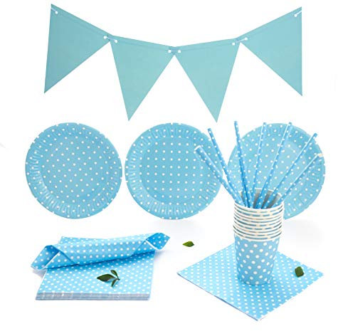 LASE C9 Set 127pcs de Vajilla Desechable para Fiestas de Cumpleaños 30 personas. Incluye Platos, Vasos, Servilleta y Guirnaldas de papel cartón. Material EcoFriendly.(Azul con Lunar)