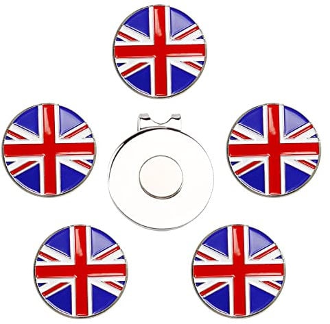 Eshan Golf Ball Markers Magnetic Hat Clips Set Golf Bag Accessories Gift for Men Women Golfer Fan (5 Ball Markers & 1 Hat Clip) (UK Flag)