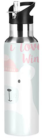 Mnsruu Orso Polare Carino Bambino Inverno Borraccia Termica con Cannuccia Sportiva, Bottiglia Acqua in Acciaio Inox Isolato 600ML Senza BPA per Bevande Calde e Fredde per Bambini Scuola