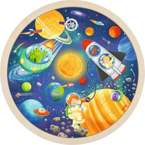 goki 57365 - Einlegepuzzle Weltall - 57 Teile aus Holz - Rundes Einlegepuzzle - für Kinder ab 4 Jahren
