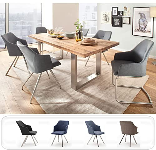 expendio Essgruppe Carson Wildeiche massiv 180x76x100 cm + Polsterstuhl Marion B1 Kunstleder graublau Tischgruppe Esszimmer, Anzahl Stühle:mit 6 Stühlen