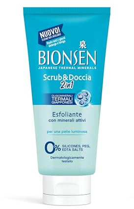 Bionsen, Scrub& Doccia 2in1, 6 X 250 ml, Scrub e Bagnodoccia Esfoliante, con Minerali Attivi, Effetto Pelle Luminosa, Dermatologicamente Testato, Senza Siliconi, con Oligominerali Termali Giapponesi
