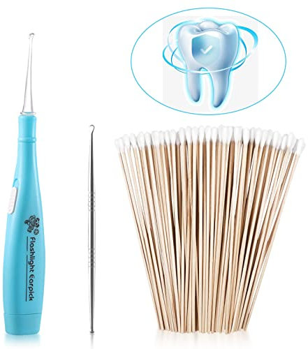 Almond Stone Removal Extractor Tonsil Stones Kit, Mandelsteine Entfernen， 1 Tonsil Stone Remover, 1 Blue LED Interdental Cleaner Bad Breath Agent and 100 Single Head Cotton Swabs