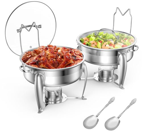 BriSunshine 6 QT Chafing Dish Buffet Set with Serving Spoons, 2 Packs Stainless Steel Round Chafing Dishes with Glass Lid & Lid Holder, Food Warmers for Parties Buffet Weddings Catering Events
