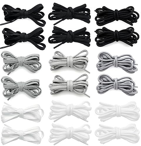 JZK 9 Paia Lacci per Scarpe Ginnastica - 150cm, Ovali, Piatti e Rotondi - Per Scarpe Sportive, Stivali, Lavoro - Bianco, Nero, Grigio