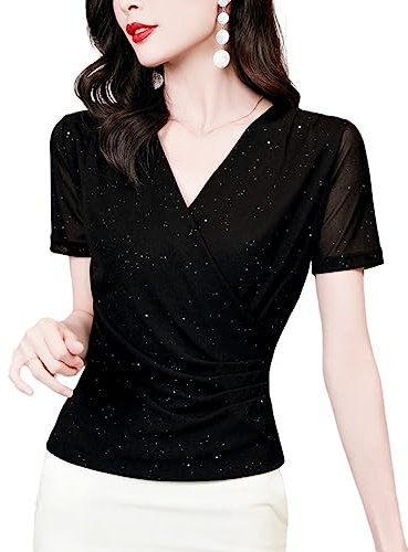 Womens Tops,Ruched Front Mesh Tops Glitter T-Shirt V-Neck Summer Wrap Shirts Short Sleeve Tunic Tops Sheer See Through Sexy Tops Tee Shirts Tank Tops Blouse For Girls Women,Black,L