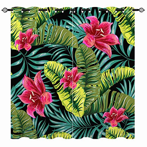 YUANZU Tropische Vorhänge Palme Blumen Blätter Ösen Gardinen mit Blickdichte Thermo Vorhang Kälteschutz Blackout Curtain Wohnzimmer Schlafzimmer Verdunkelung Fenster, 2 Stück, H 160 x B 132 cm