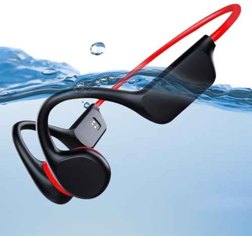 fesoklaf Knochenleitungs-Kopfhörer, IPX8 Wasserdicht Schwimmen Kopfhörer mit 32G Speicher, Bluetooth 5.3 Open Ear Sport Kopfhörer mit Mikrofon Kabellos für Laufen Schwimmen Radfahren Workout (Rot)