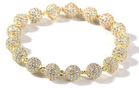 ZqlDDayUP Iced Out Bead Stretch Armbänder Schmuck für Frauen, Hip Hop Herren 18k Gold Silber plattiert Cubic Zirkonia Armreif Armband, 8,5 mm Runde bunte Perlen Armbänder