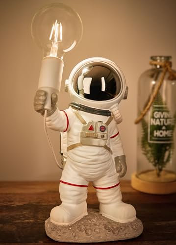 BRUBAKER Astronauten Tischlampe - 40 cm Weltraum Nachttischlampe mit E27 Fassung und USB-C Stecker - Handbemalte Raumfahrt Dekofigur Statue - Weiß und Silber