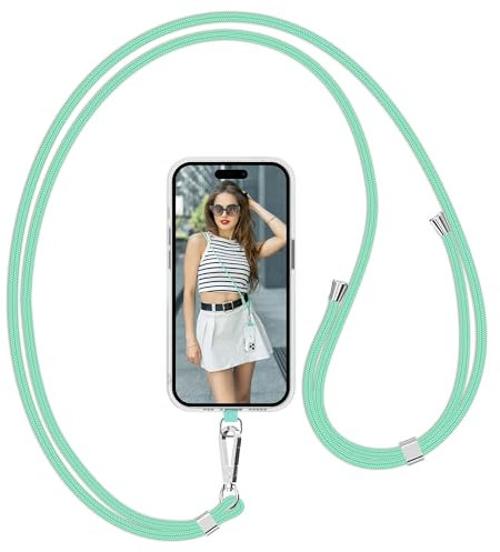 Flyzoo Phone Lanyard Neck Strap with Patch, Adjustable Crossbody Mobile Nylon Chain Cord String Rope Charm with Tether Pad and Metal Buckle Compatible with Most Smartphones and Cases,LightGreen