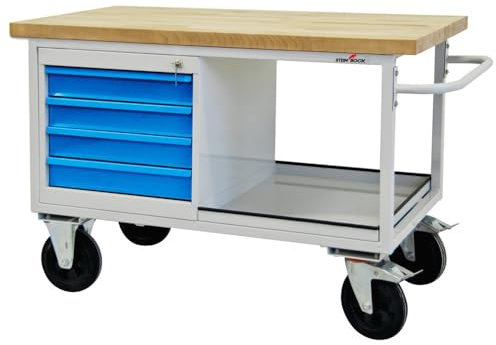 Steinbock Werkbank mit 4 Schubladen und Staufach | 500 kg Tragkraft | HxBxT 82,7 x 130 x 60 cm | mobil | Lichtblau | 4 cm Starke Holzplatte | stabiles Stahlgestell | Made in EU | Profi-Werktisch