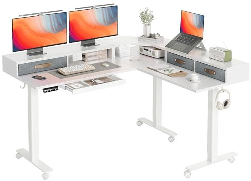 Claiks Eckschreibtisch Höhenverstellbar 160x140cm mit Dual-Motor, L Form Höhenverstellbarer Schreibtisch mit Schubladen, L-förmiger Schreibtisch auf Rollen, Weiß